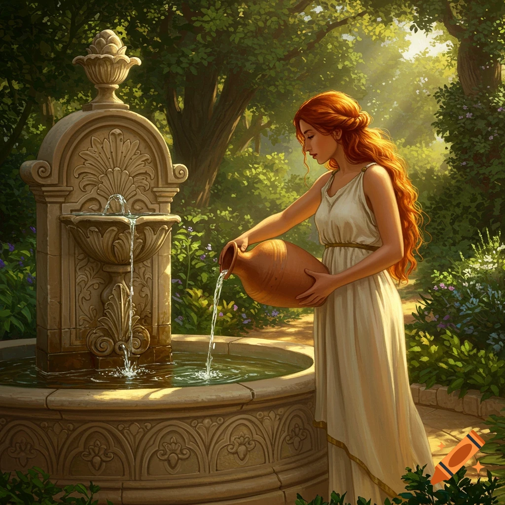 A woman in a white dress pours water from a jug into a stone fountain in a lush garden.