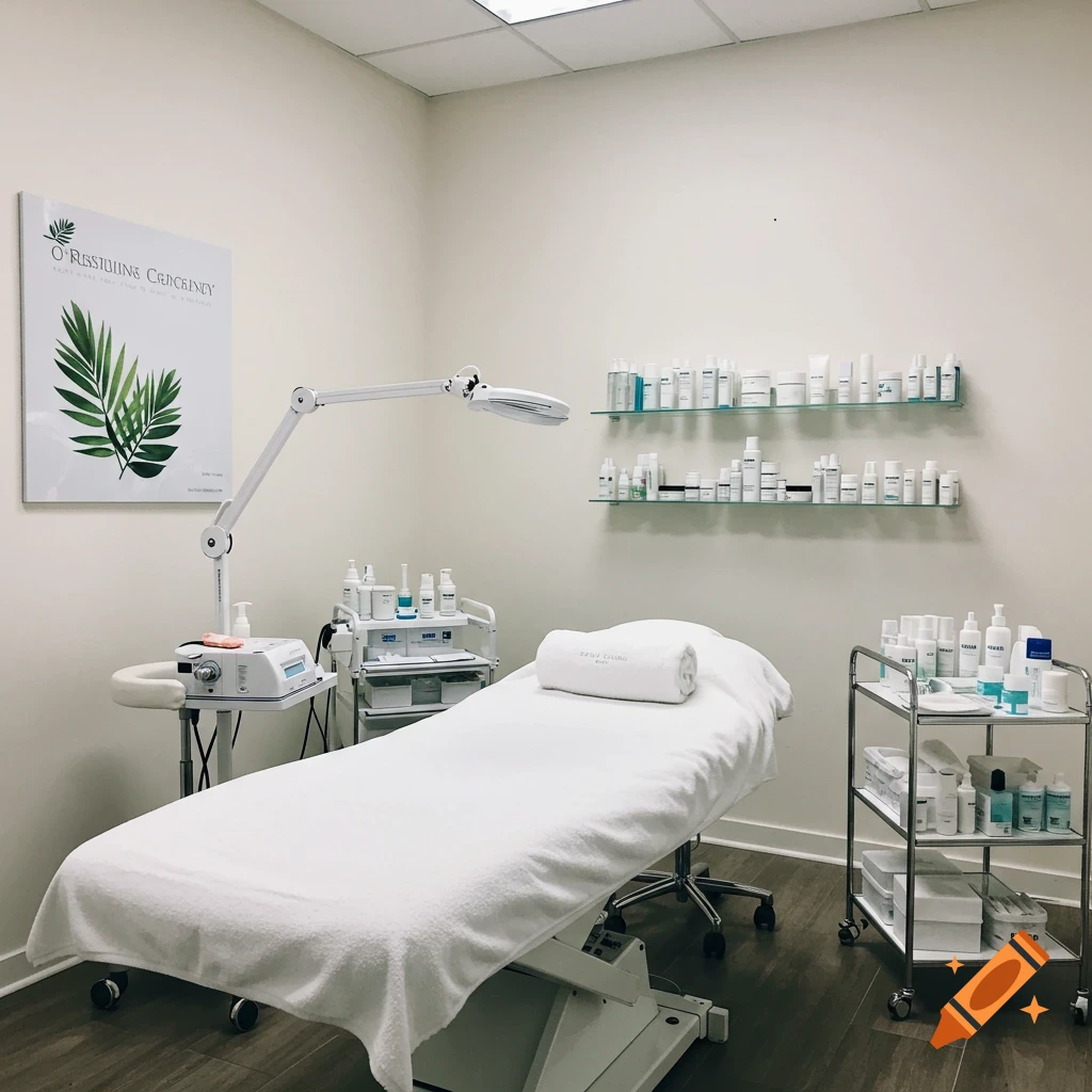 Modern esthetician's treatment room with bed, skincare products on shelves, and lamp