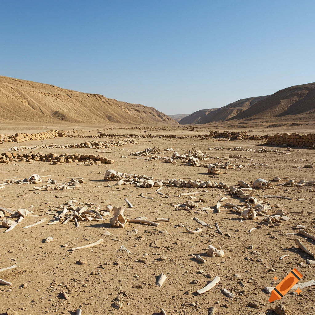 Scattered bones cover the dry ground of a desert valley
