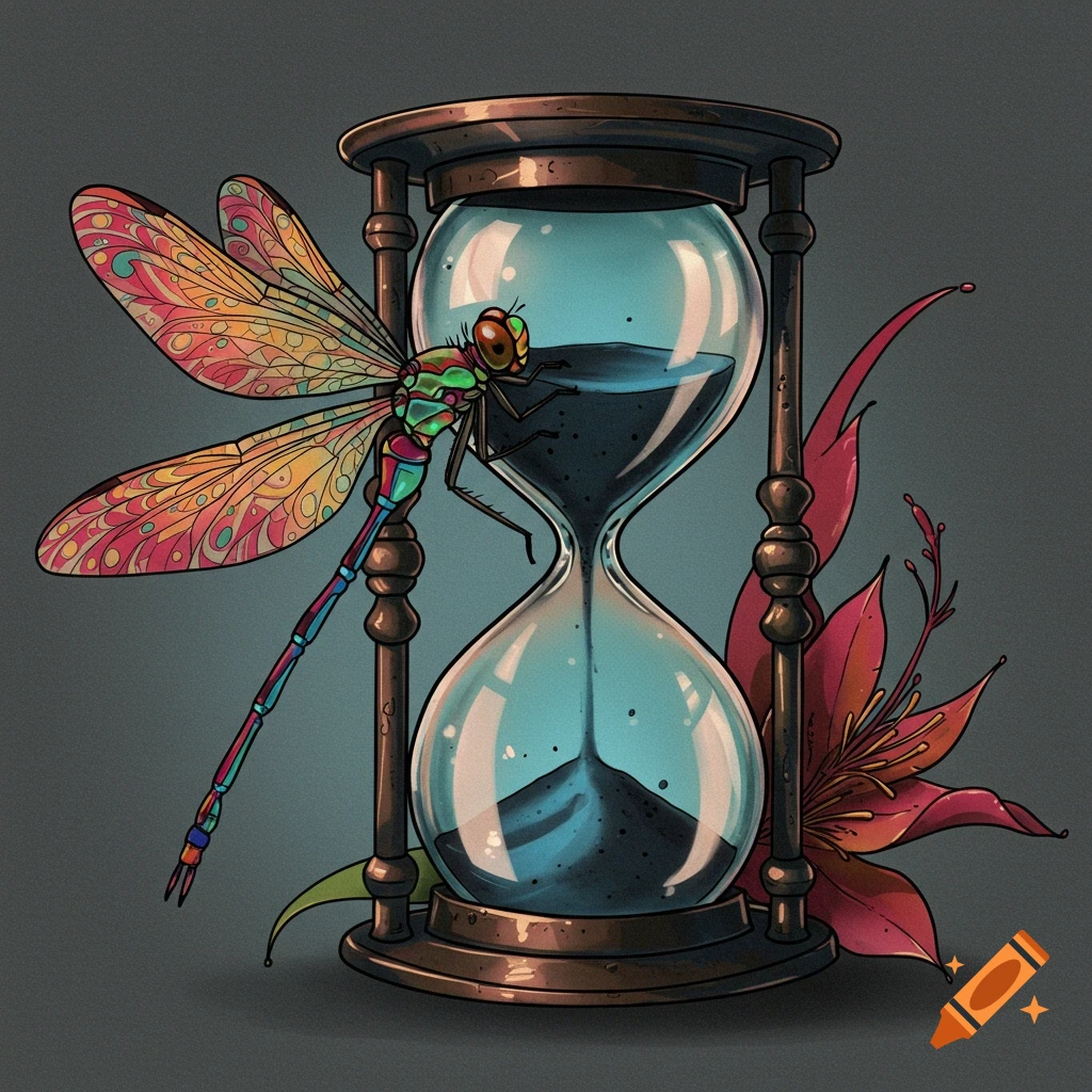 Colorful dragonfly on an hourglass with a red flower illustration.