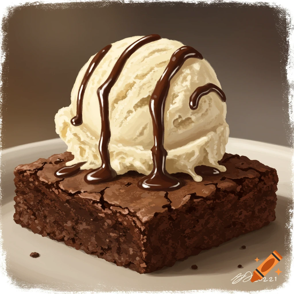 A brownie topped with vanilla ice cream and chocolate sauce on a plate.