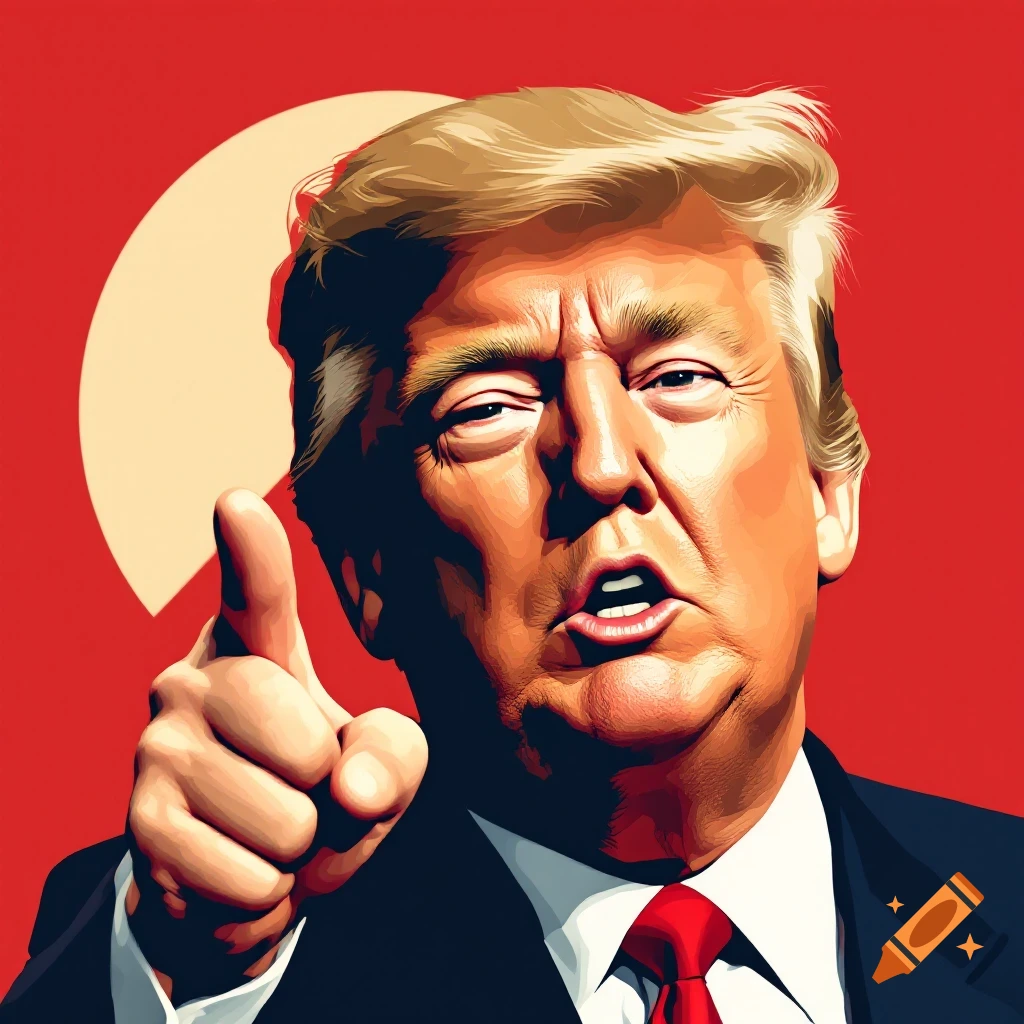 Propaganda style portrait of Donald Trump pointing forward against a red background.