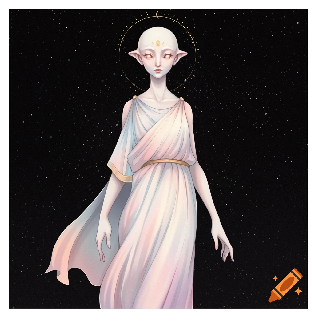 A pale, ethereal figure in flowing robes against a starry space background.