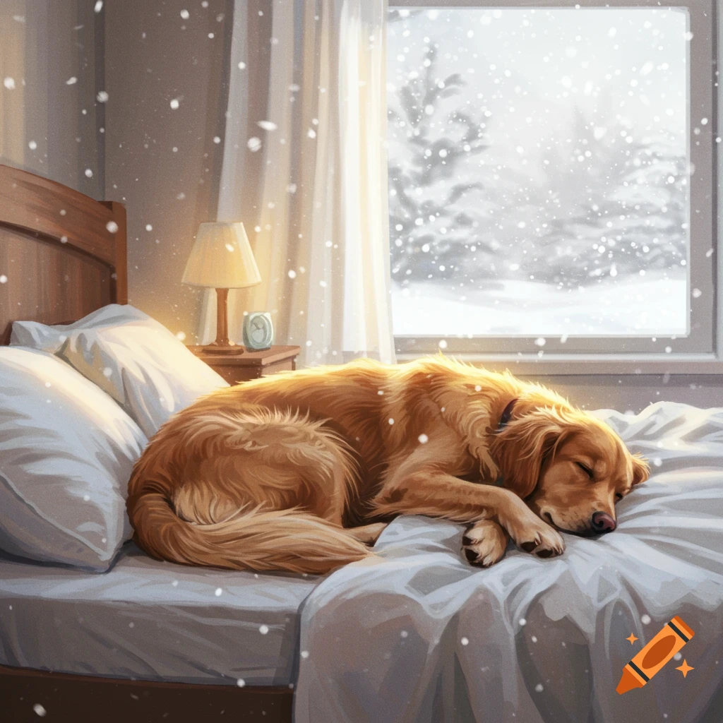 A golden retriever sleeps on a bed while snow falls outside the window.