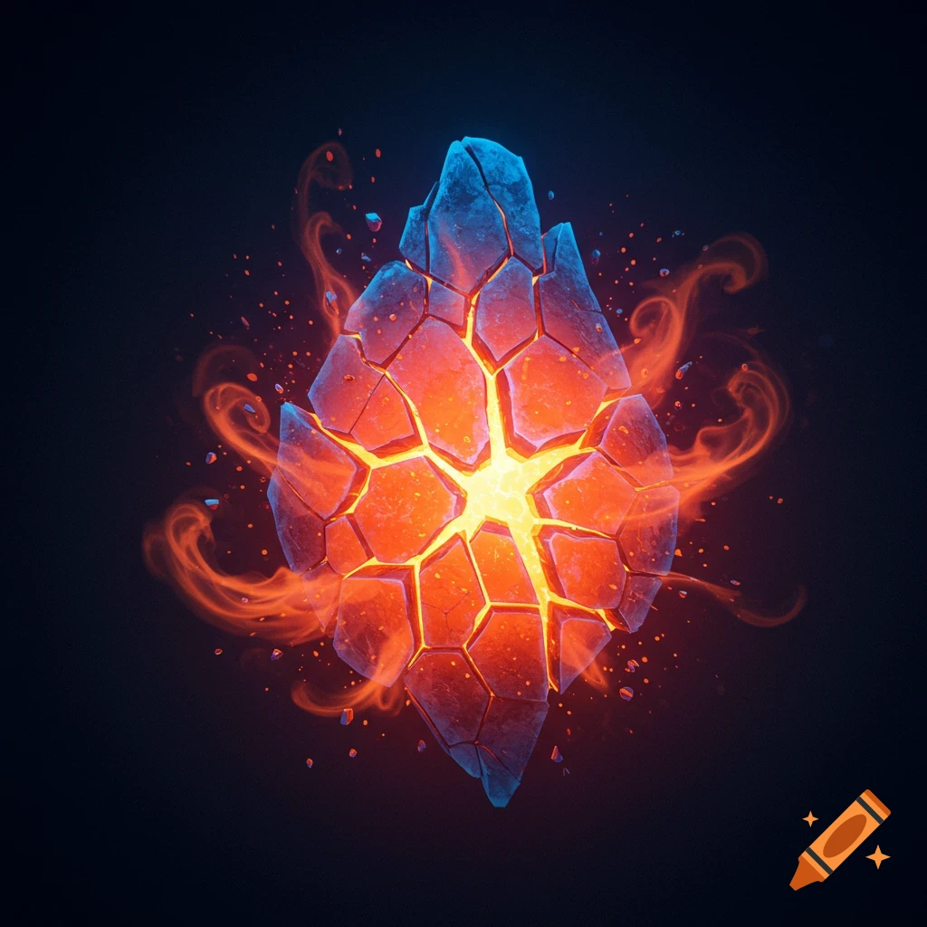 A cracked rock or star fragment glows orange and blue surrounded by fiery smoke on a dark background.
