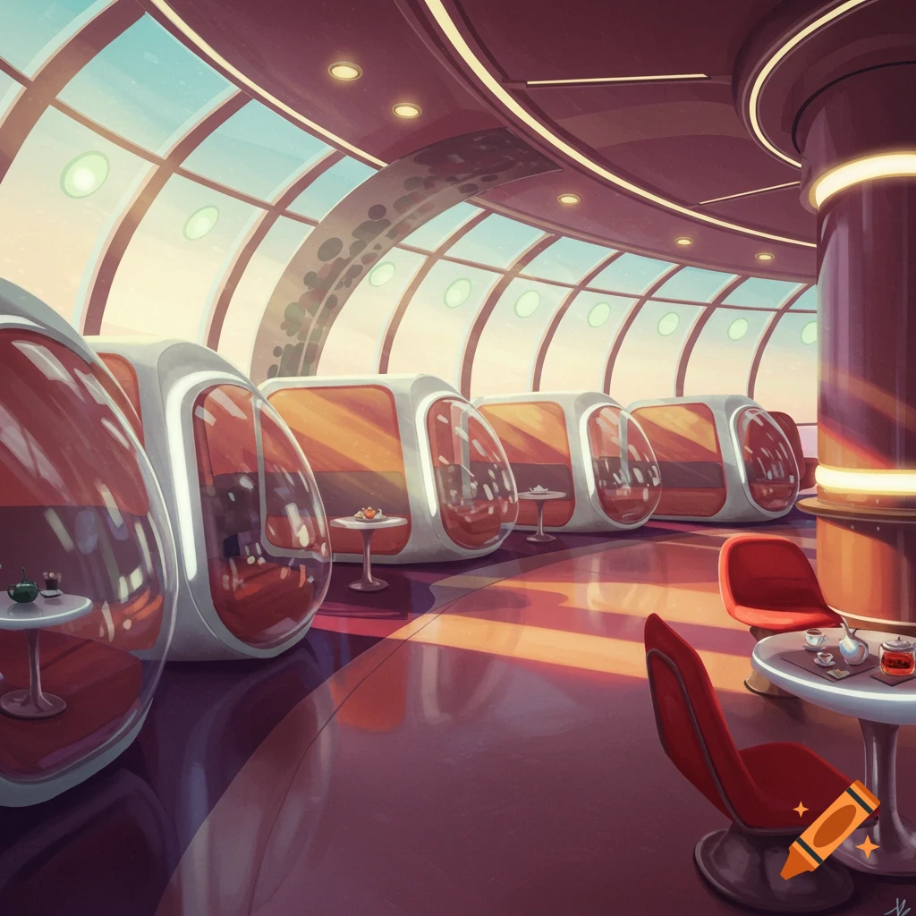 A futuristic tea house interior featuring pod seating, tables, and large sunlit windows.
