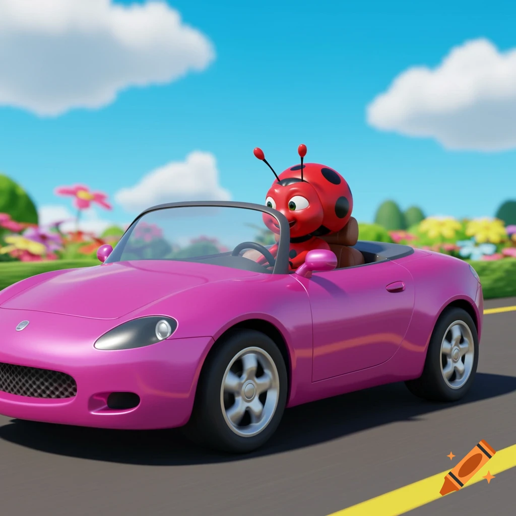 Cartoon ladybug driving a pink convertible on a sunny road with flowers.