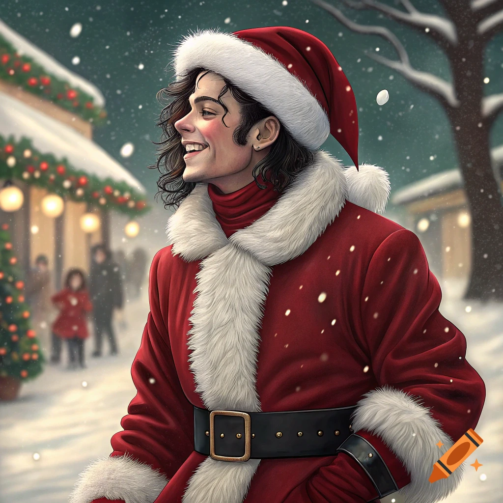 Michael Jackson in a Santa suit smiles in the snow