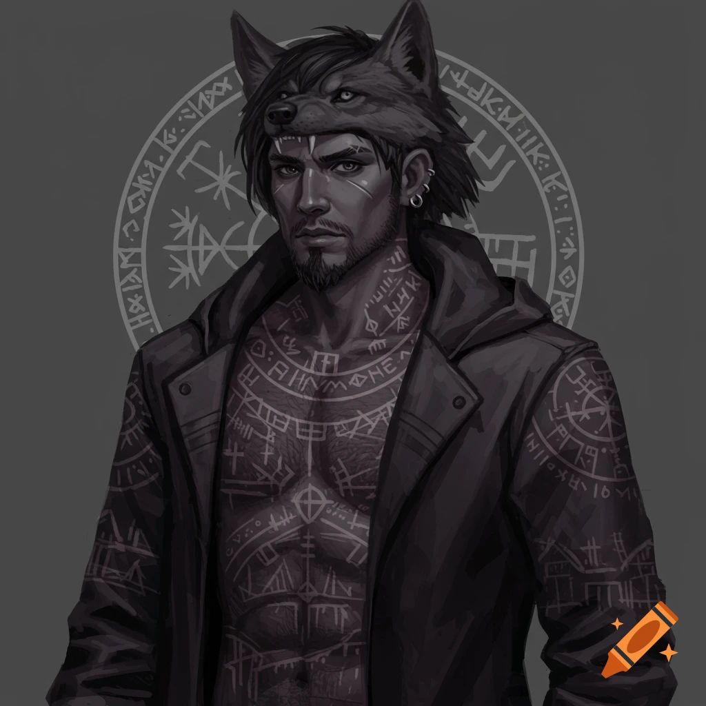 Male fantasy character with wolf ears, dark hair, and Nordic rune tattoos on chest and arms, wearing a black jacket. Digital art.