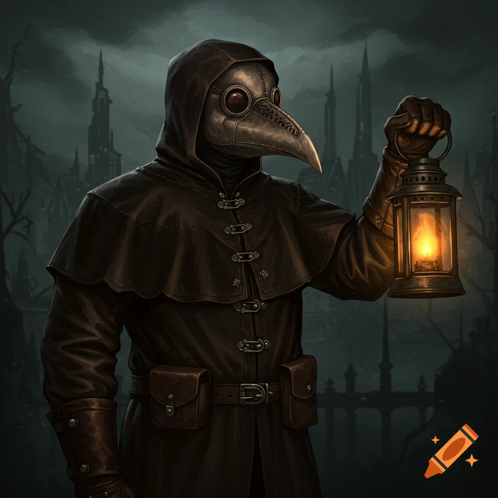A plague doctor in a cloak and mask holds a lantern in a dark, gothic city setting.
