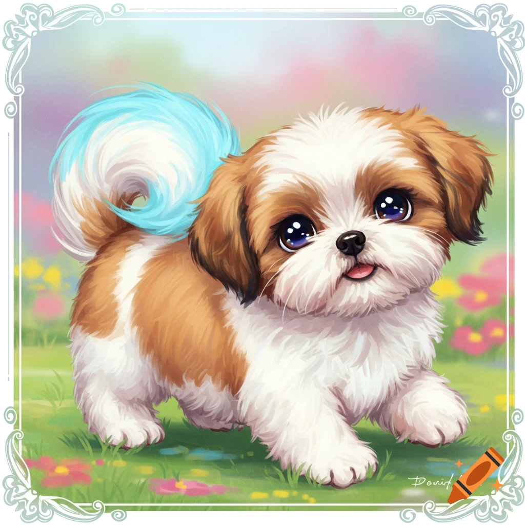 A cute puppy with a blue tail sits in a grassy field with flowers.