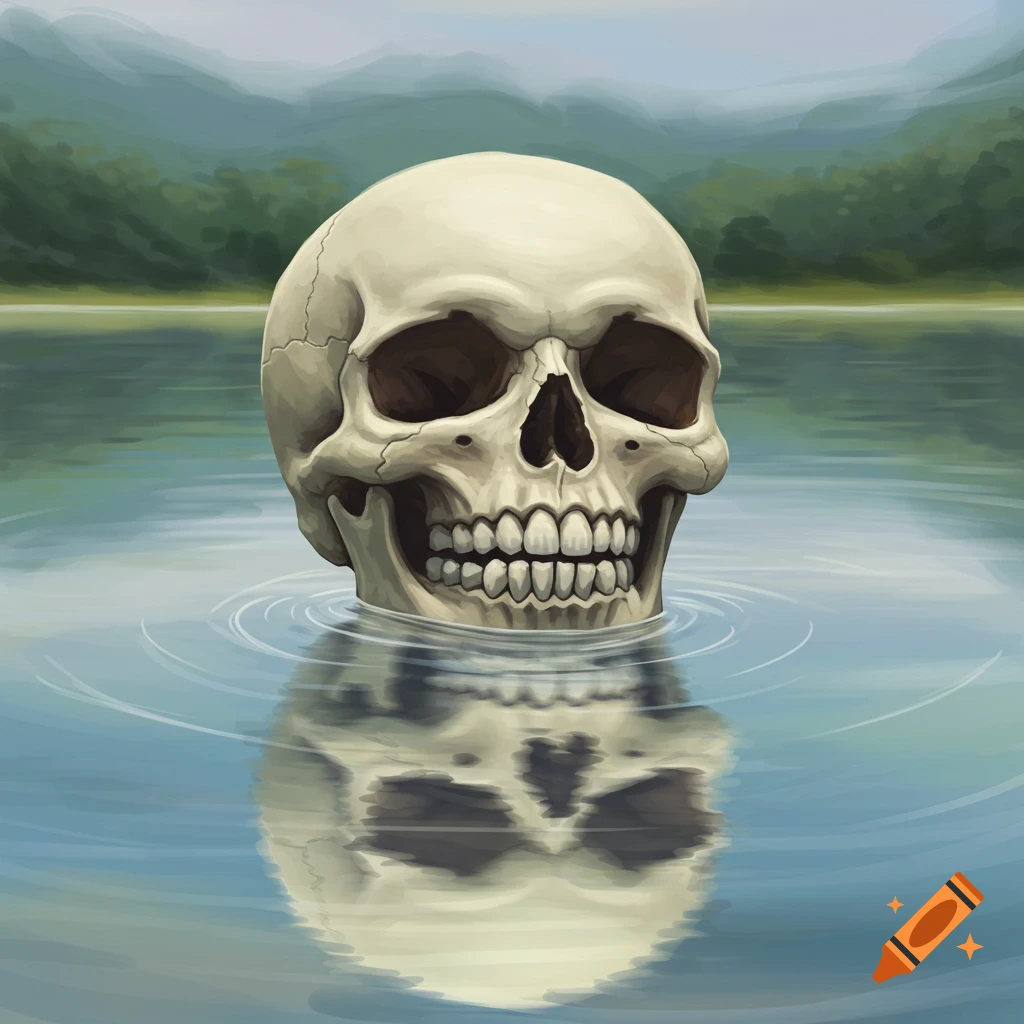 A skull partially submerged in a lake, reflecting in the water.