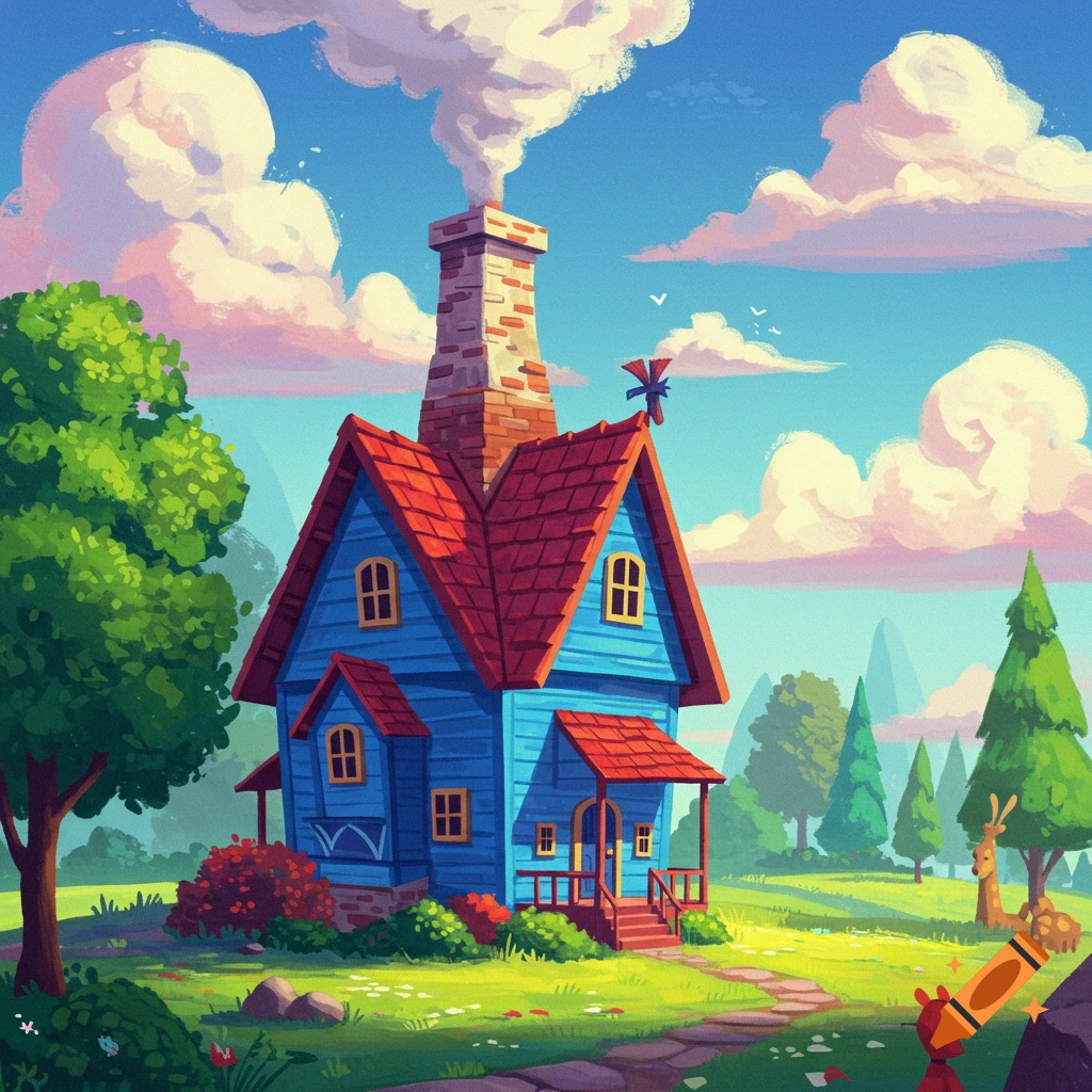 A colorful cartoon of a blue house with a red roof and smoking chimney in a grassy landscape with trees and deer.