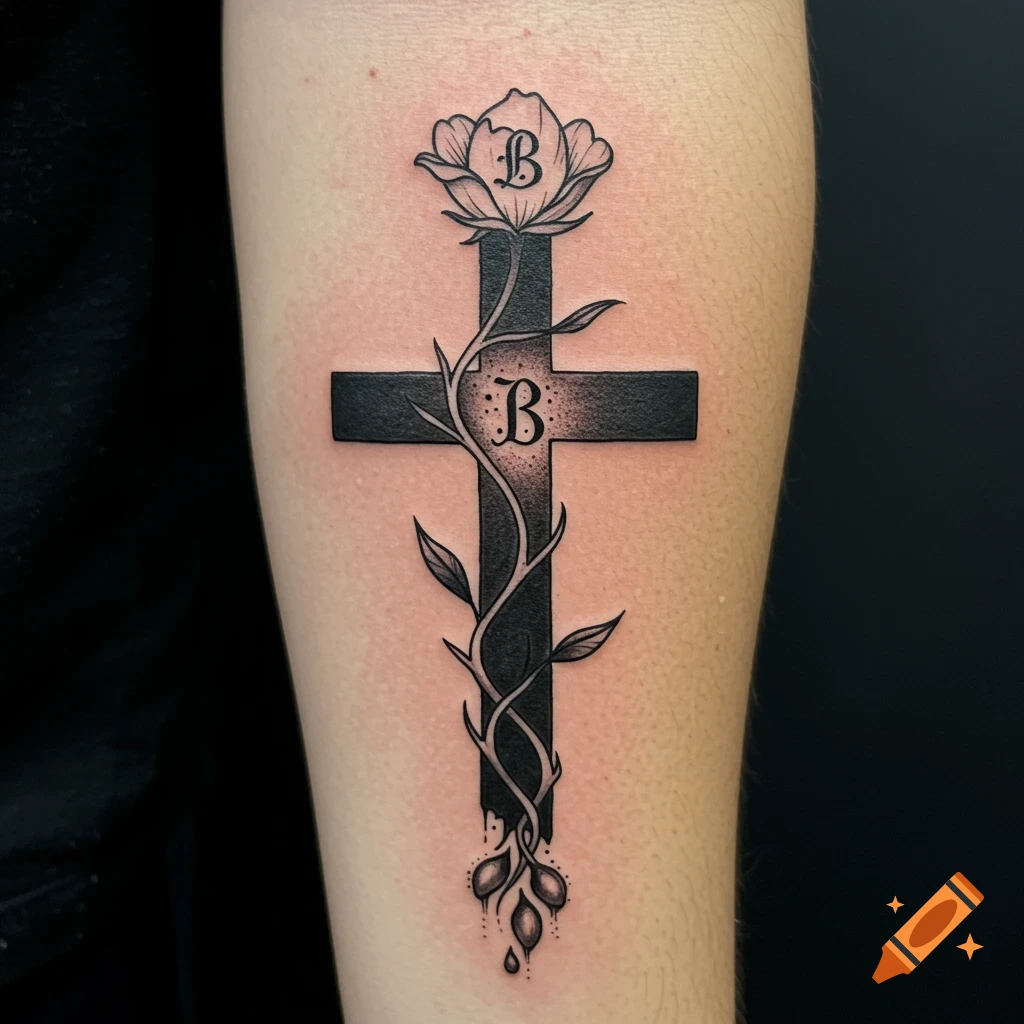 Black cross tattoo on an arm with a vine, flower, and the letter B. on  Craiyon, image size:1024x1024