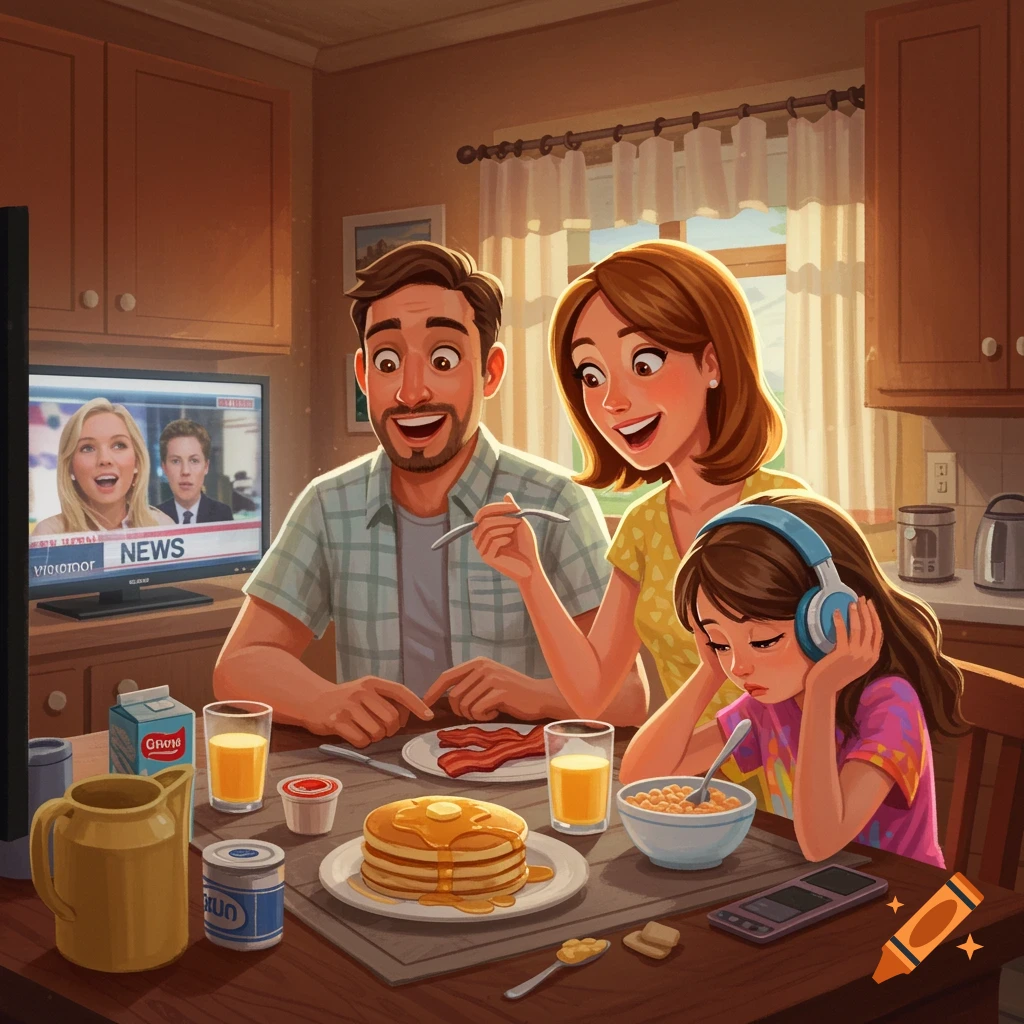 Cartoon of a family having breakfast in a kitchen