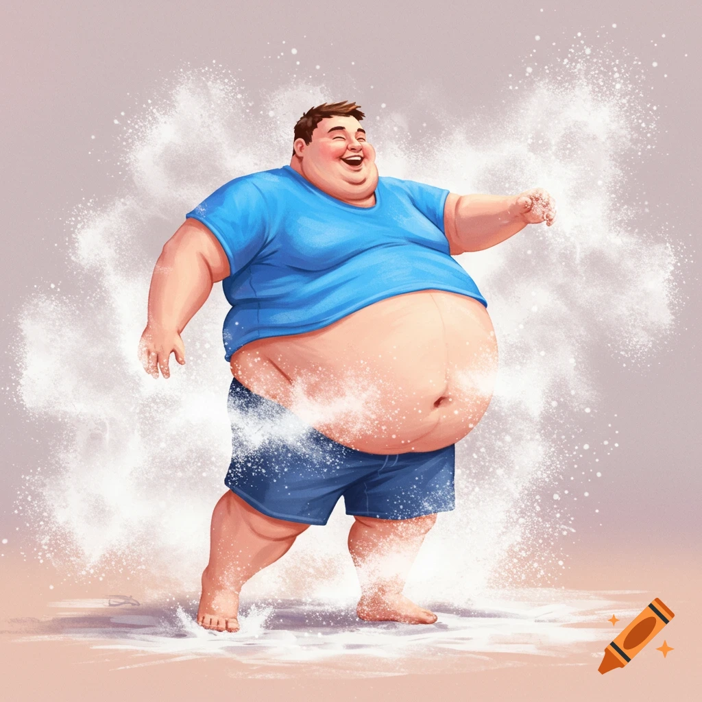 A large man in a blue shirt and shorts stands smiling as white powder flies around him.