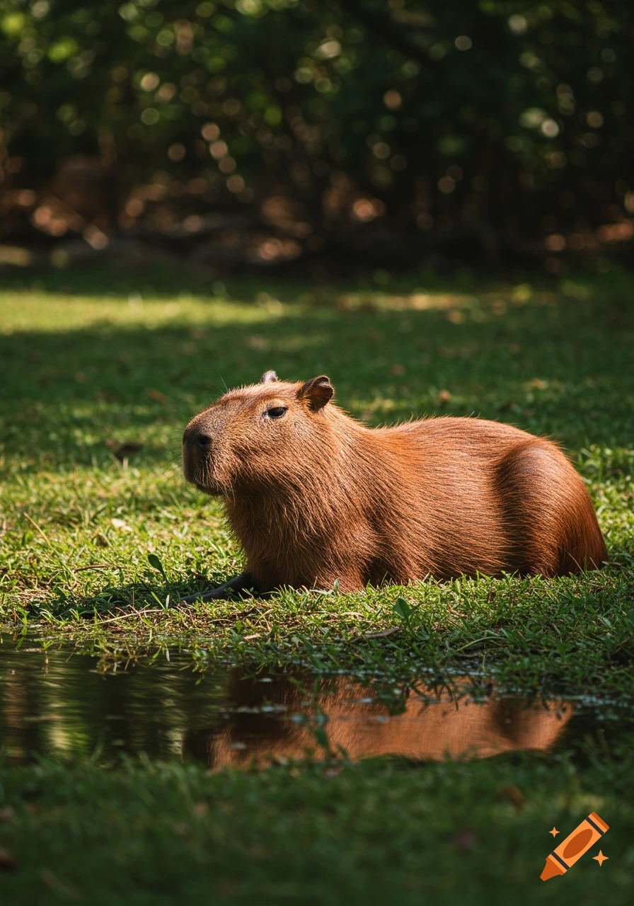 A capybara lies in the grass by water in a photorealistic style.