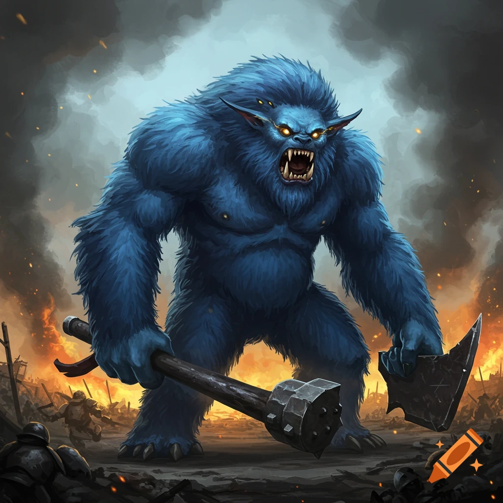 Giant blue fuzzy monster with weapons in a burning battlefield.