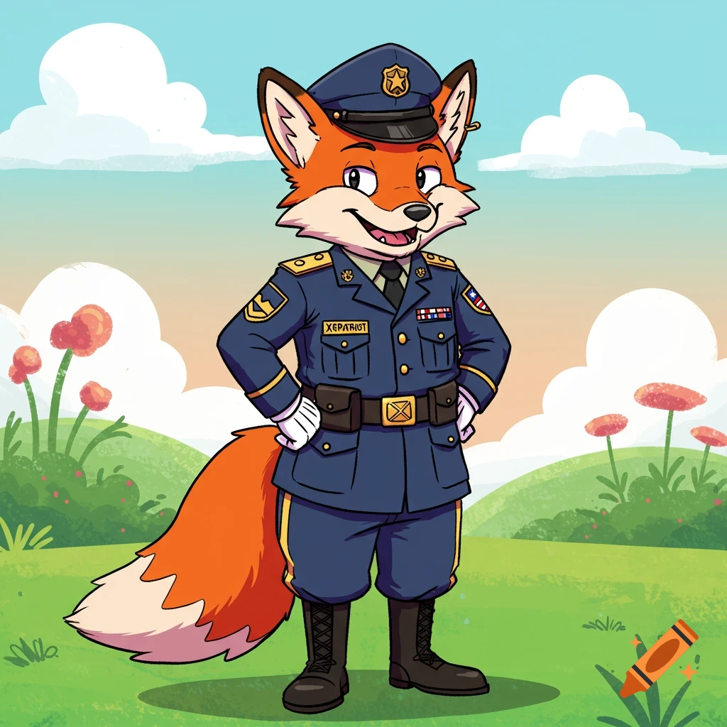 A cartoon fox in a military uniform stands in a field.