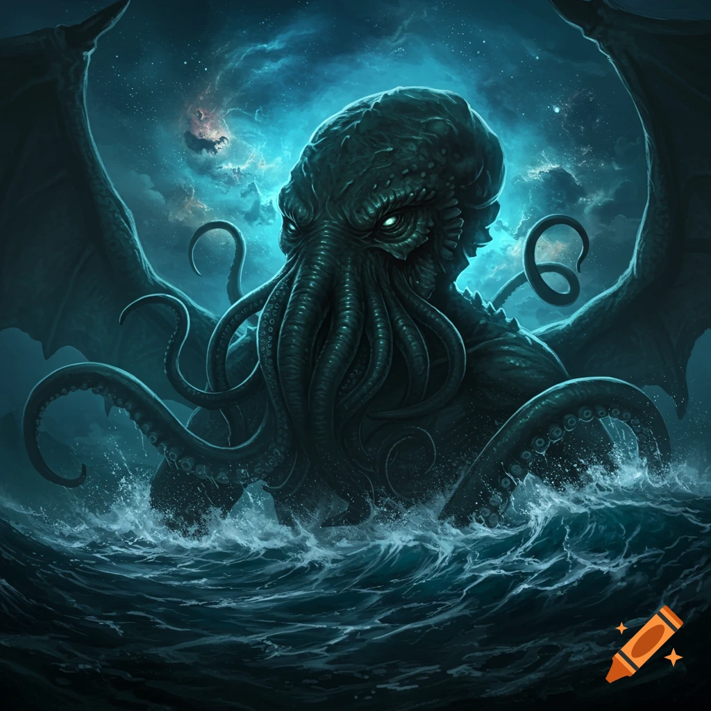 A monstrous creature with tentacles and wings, identified as Cthulhu, rises from a stormy sea under a cosmic sky.