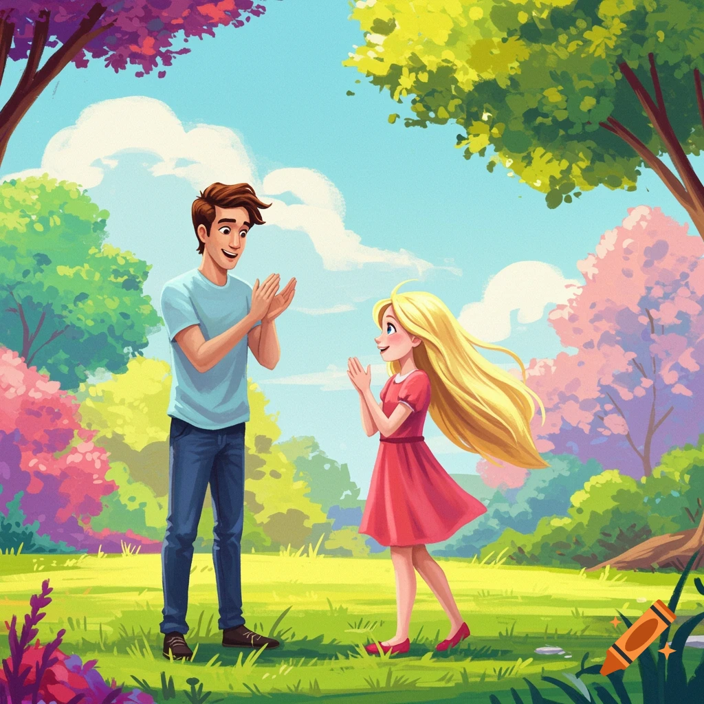 Man and girl clapping in a colorful park, cartoon illustration.