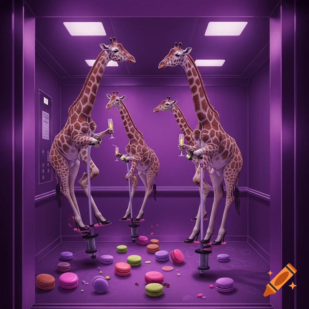 Giraffes on pogo sticks drinking champagne in a purple elevator with macaroons on the floor, digital art.