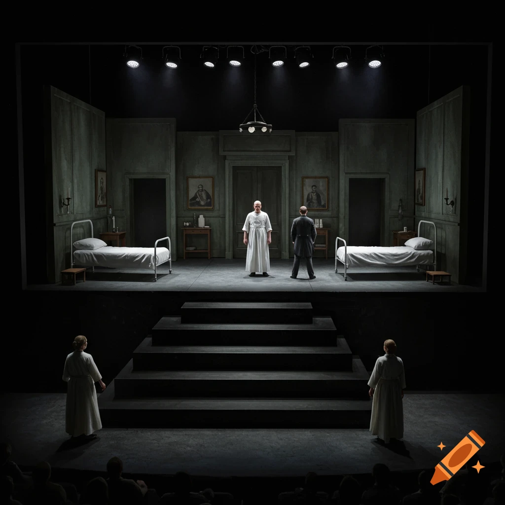 Theatre stage set design for a play, depicting a dimly lit Victorian hospital ward with actors