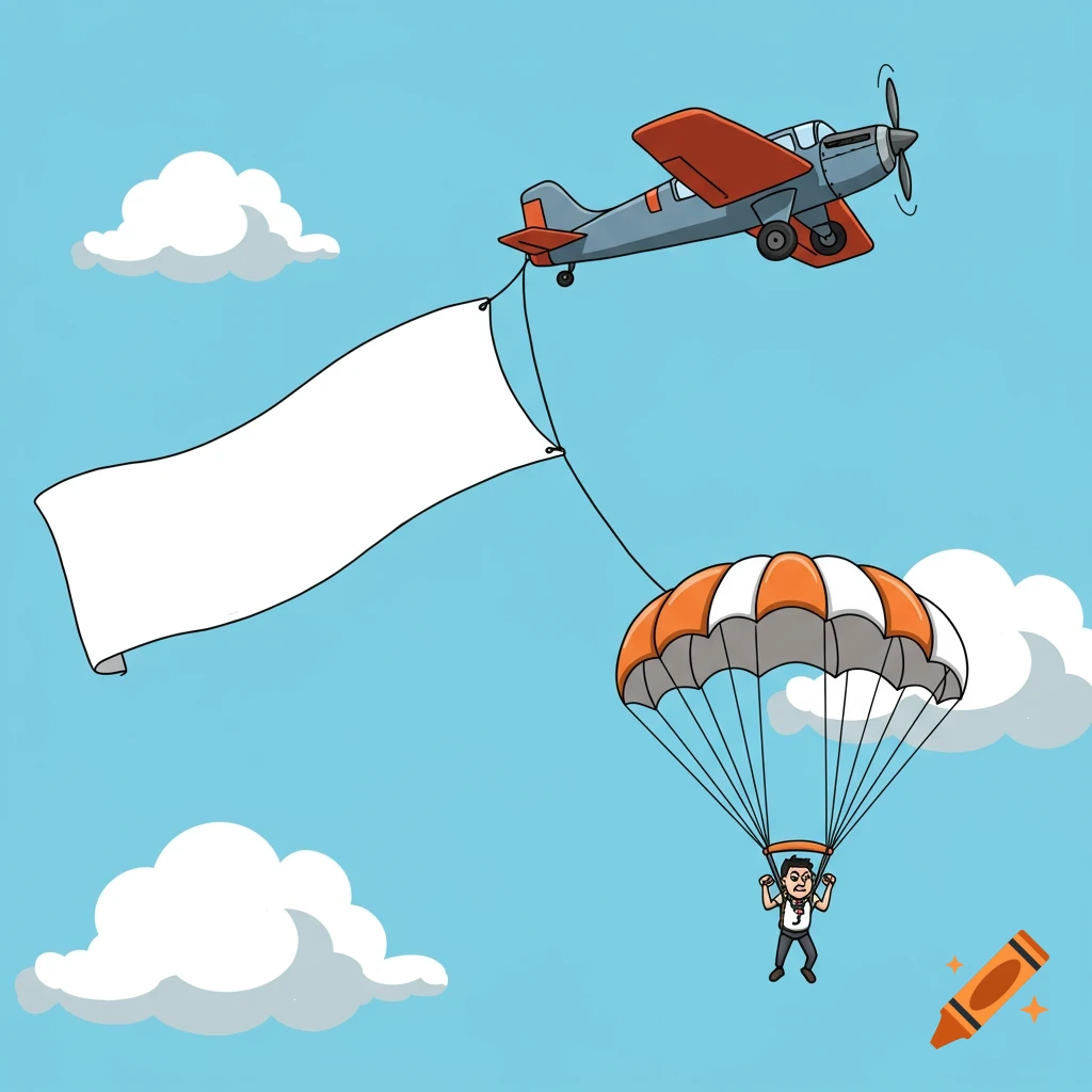 Cartoon airplane pulls blank banner while man parachutes below.