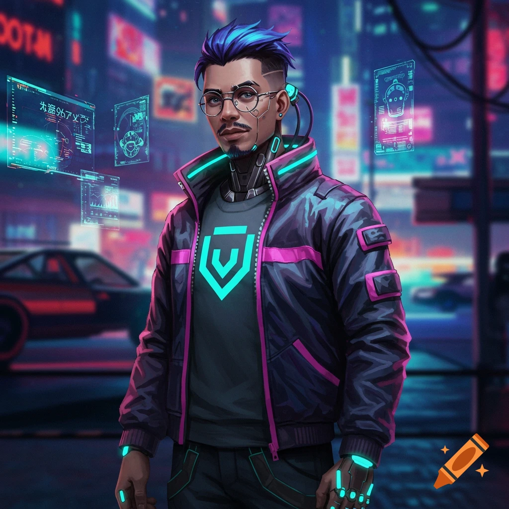 A man in a glowing jacket and glasses in a cyberpunk city.
