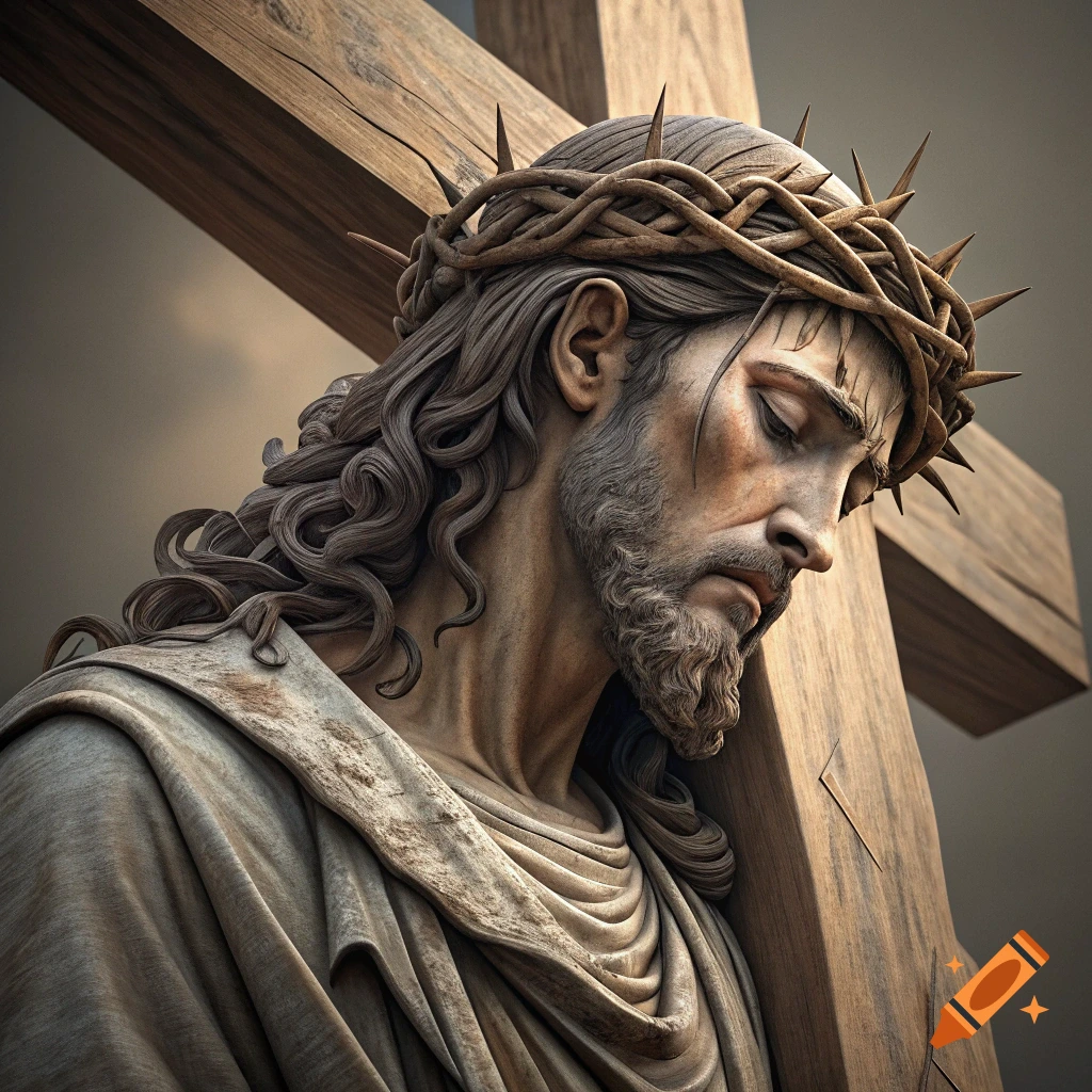 Close-up statue of Jesus Christ wearing a crown of thorns and carrying the cross