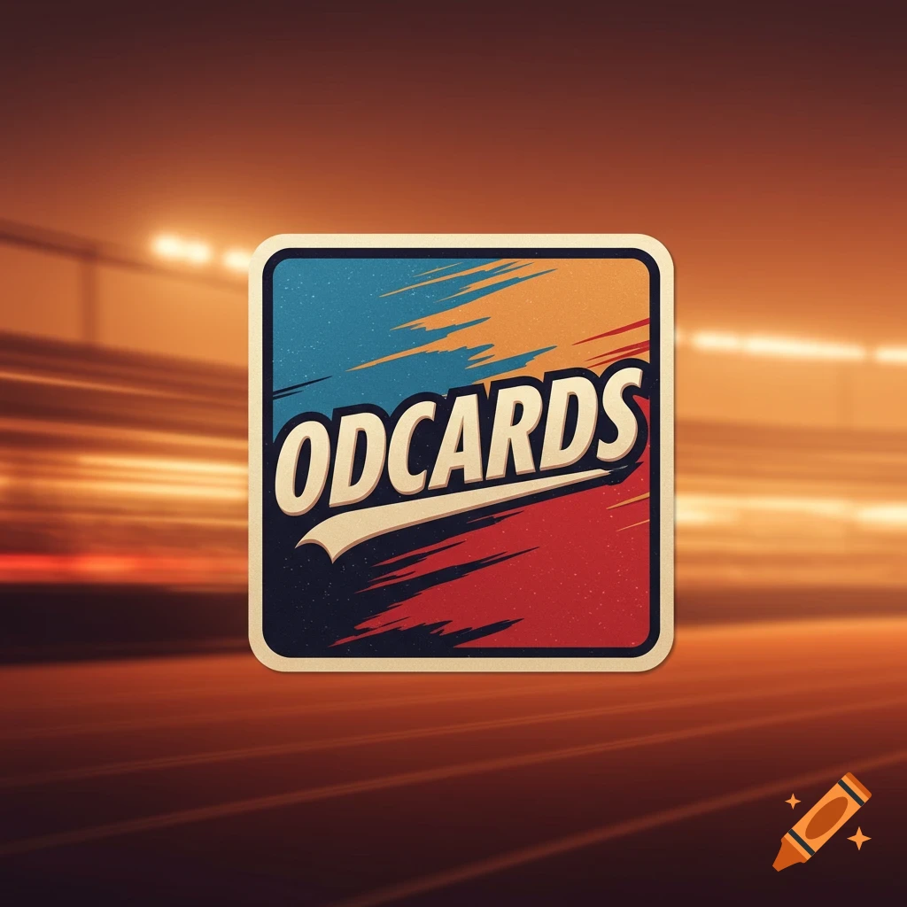A square logo for ODCARDS featuring a split background with red and blue sections and a white swoop, set against a blurred sports stadium background.