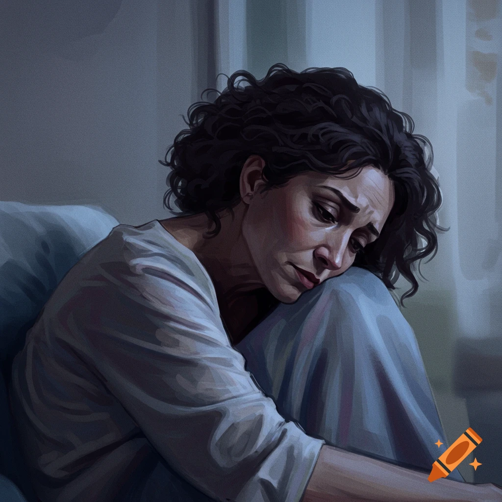 A sad woman sits hugging her knees in a dimly lit room.