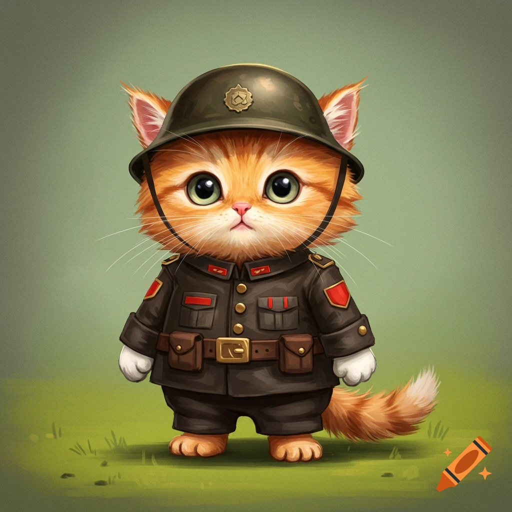 A cute kitten wearing a military uniform and helmet