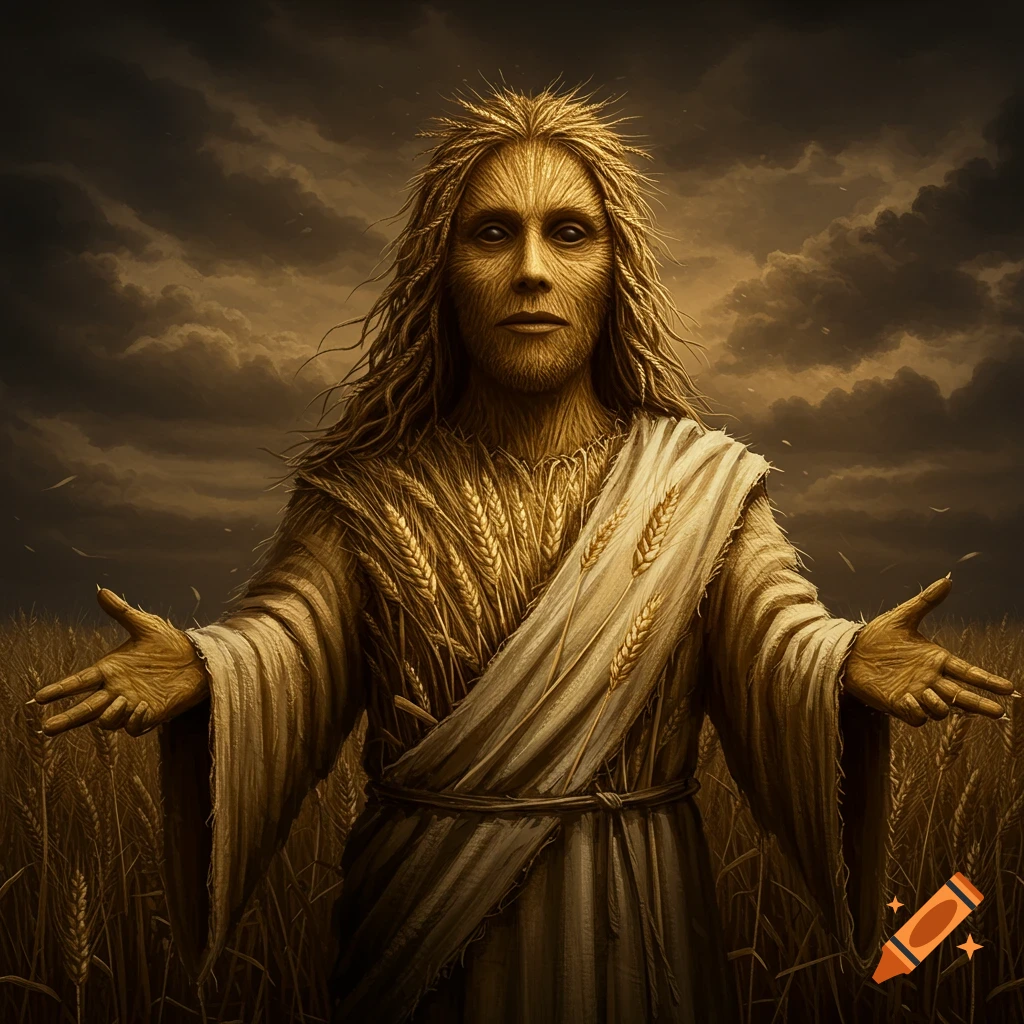 Figure made of wheat standing in a wheat field under a dark sky.