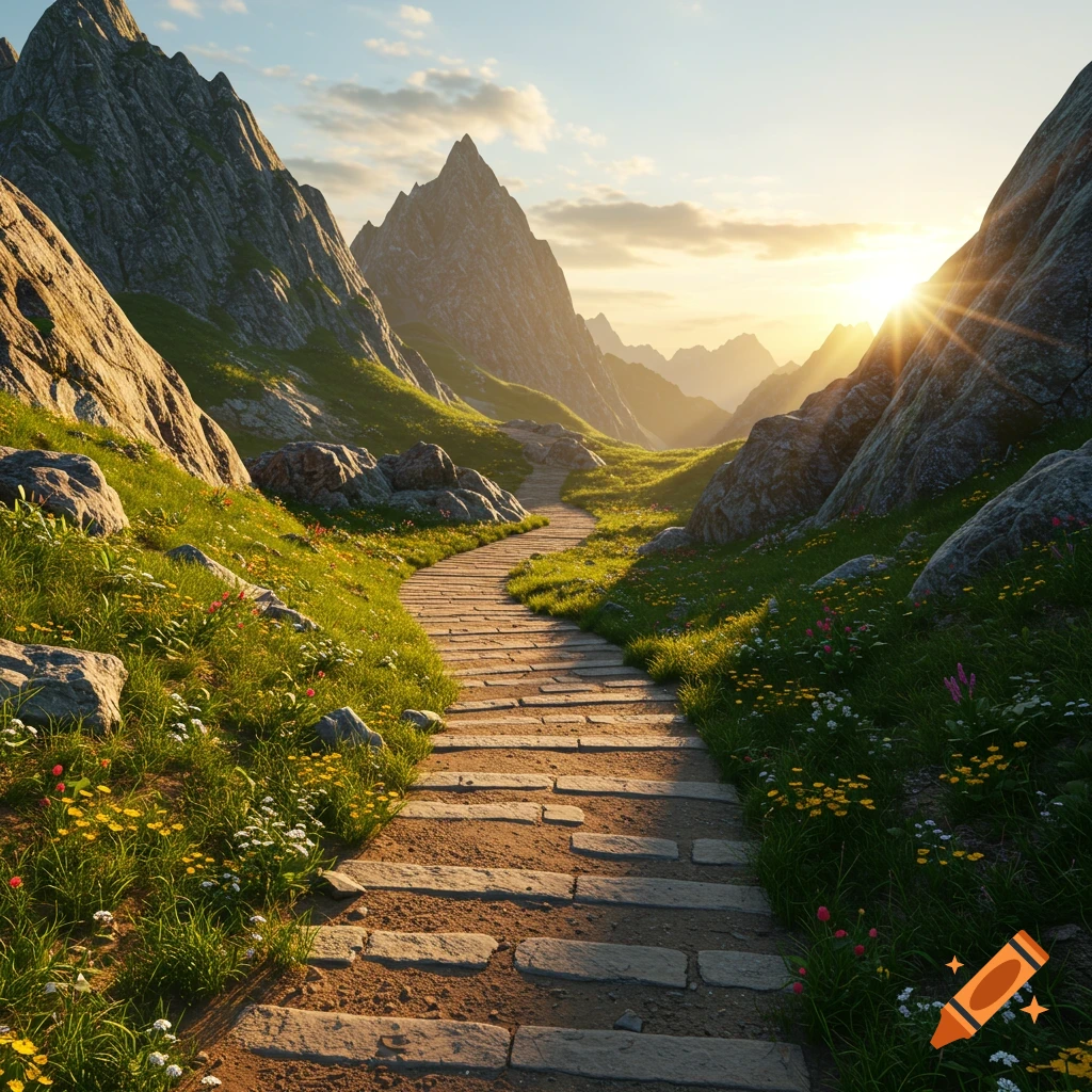 A photorealistic landscape of a stone path winding through a grassy mountain valley at sunset.