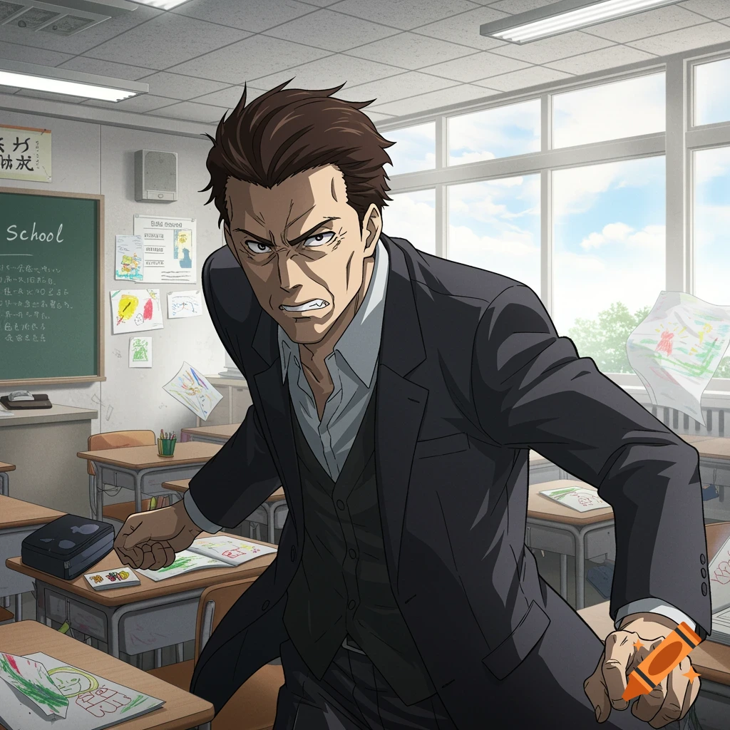 An anime-style illustration of an angry male teacher standing in a classroom.