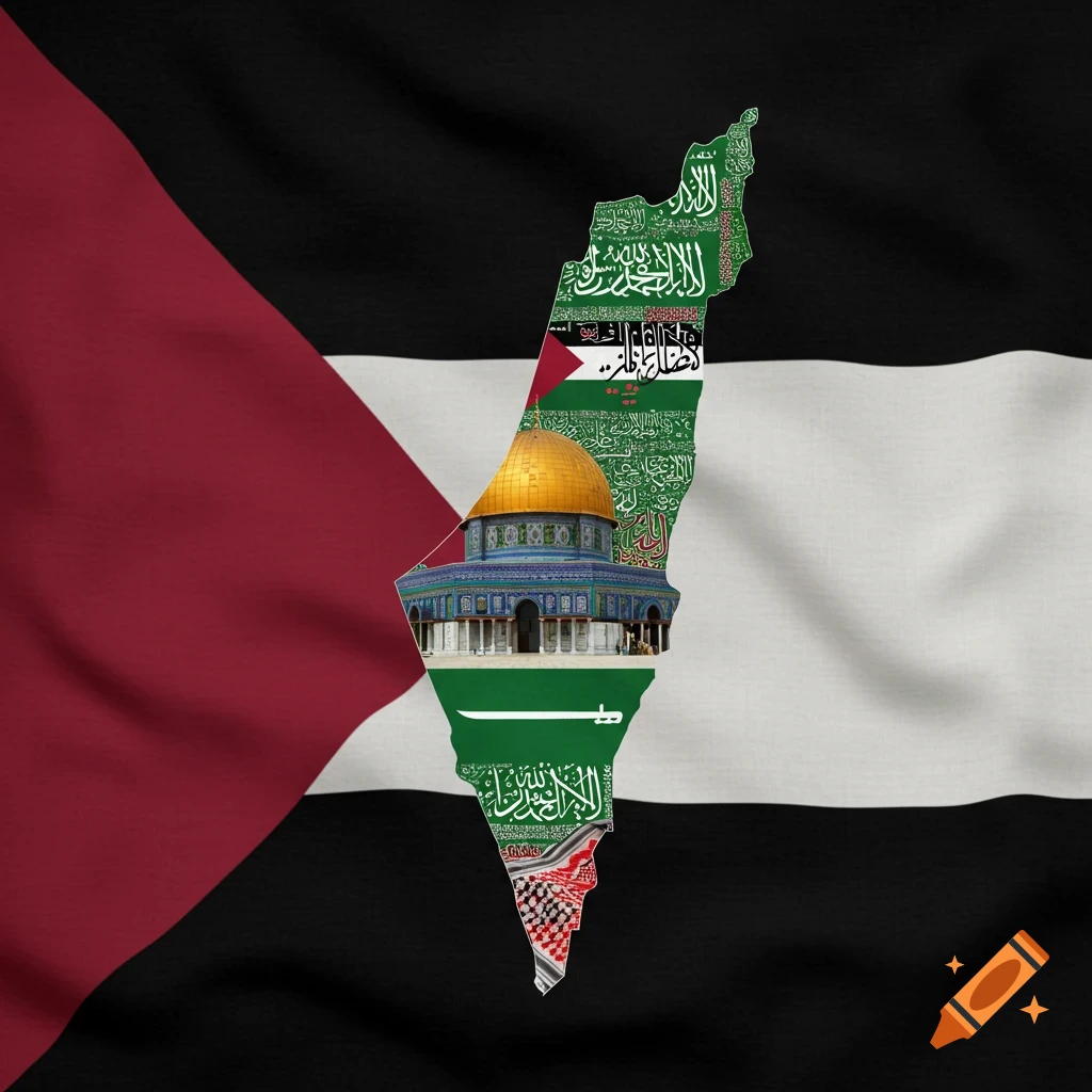 Map of Palestine filled with symbols like the Dome of the Rock and calligraphy, overlaid on a Palestinian flag background.