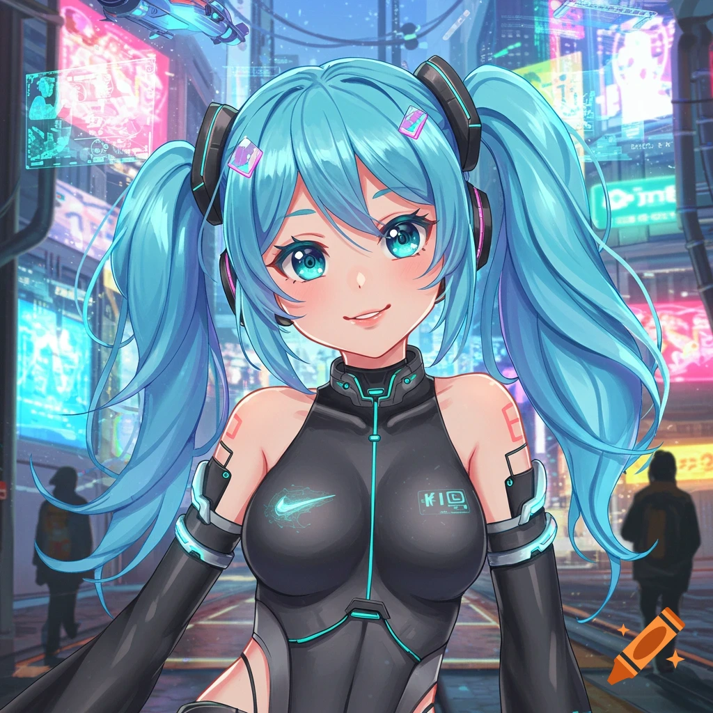 A cute anime girl with bright blue twin tails and headphones stands in a cyberpunk city street.