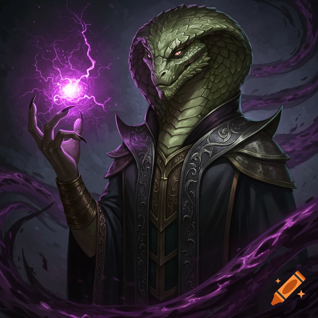 A snake person spellcaster casting a purple spell.