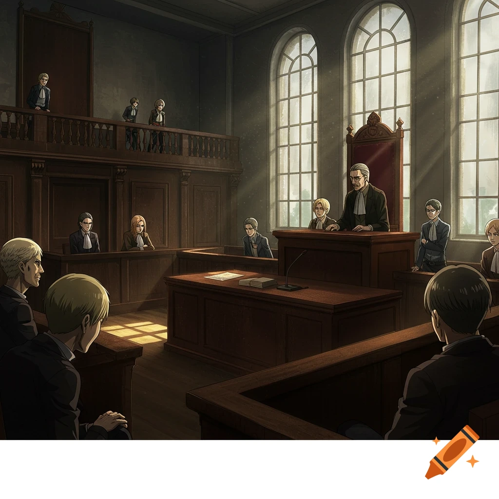 Anime style illustration of a courtroom scene with several characters
