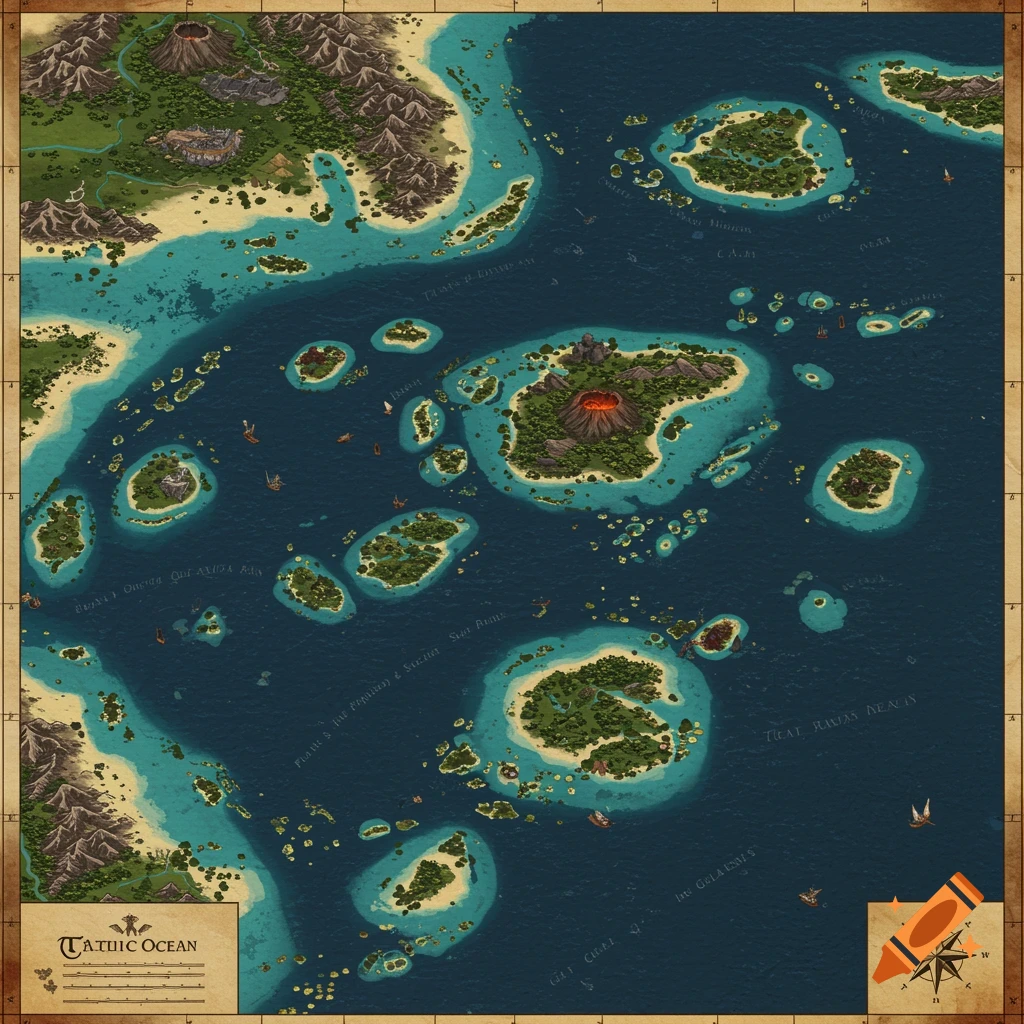 A vintage fantasy map of a tropical ocean dotted with numerous islands, some with volcanoes, surrounded by ships.