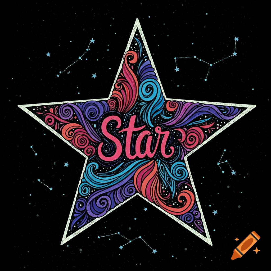 A stylized star filled with colorful patterns and the word Star, set against a black background with scattered constellations.