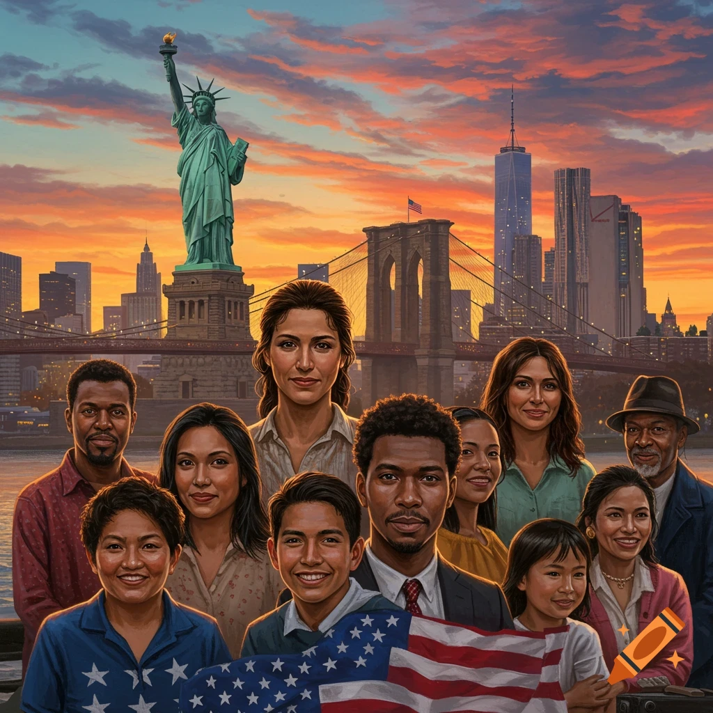 A diverse group of people are gathered together. In the background, the US flag is displayed, along with iconic New York City landmarks like the Statue of Liberty, the Brooklyn Bridge, and the city skyline, all under a beautiful sunset.