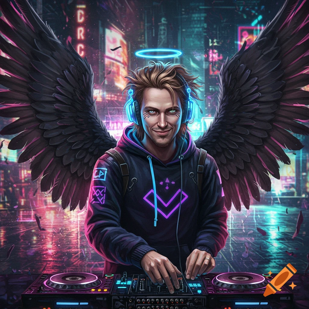 A DJ with black angel wings and headphones is shown in a neon cyberpunk city.