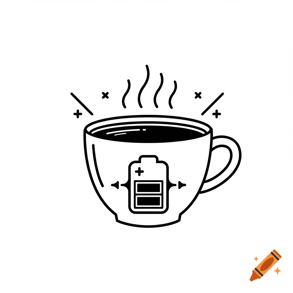 Black and white graphic of a steaming coffee cup with a battery icon on it.