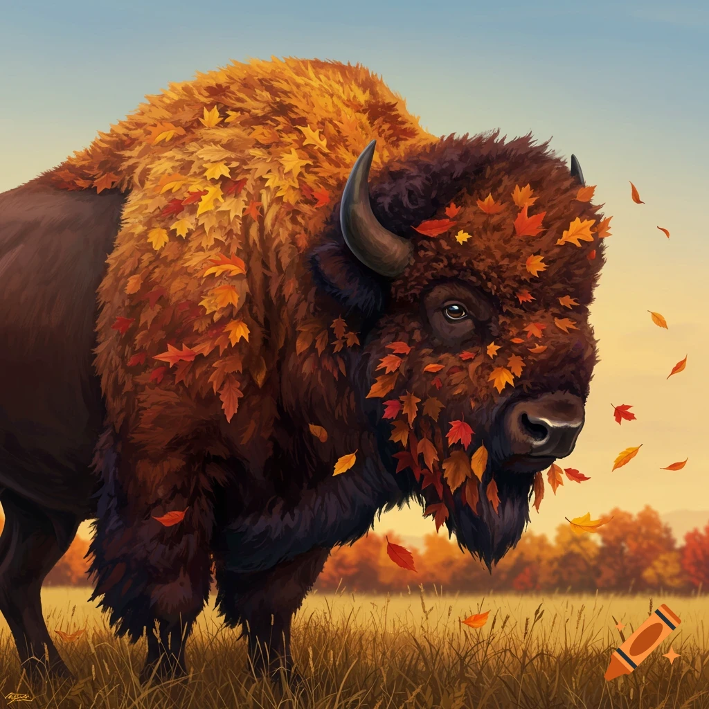 A dramatic buffalo covered in autumn leaves stands in a field.