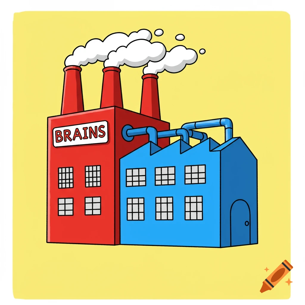 Clip art illustration of a red and blue factory building with smokestacks and a sign that reads "Brains".