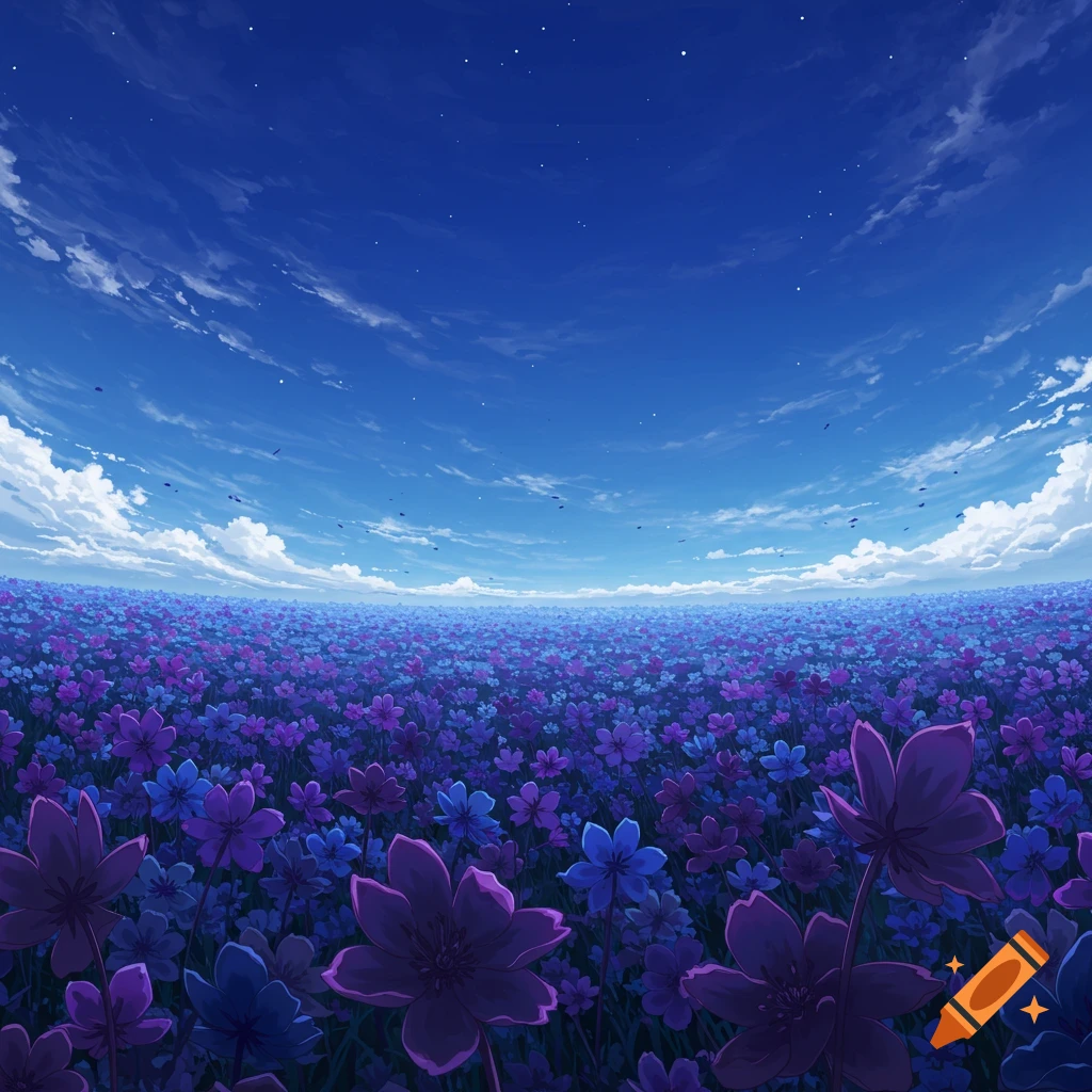 A wide view of a field filled with purple and blue flowers under a bright blue sky with clouds and stars, in anime style.