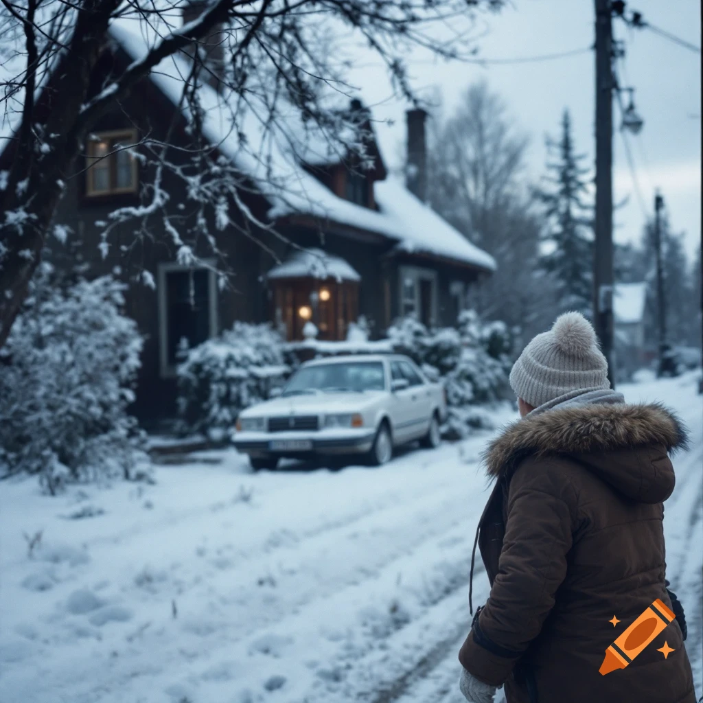Person on a snowy street looks towards a house with a white car in the driveway