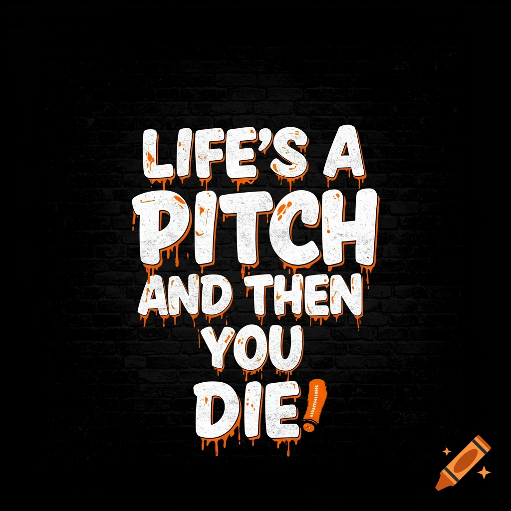 Graphic design with white text 'Life's a Pitch and then You Die!' dripping orange on a dark brick background.